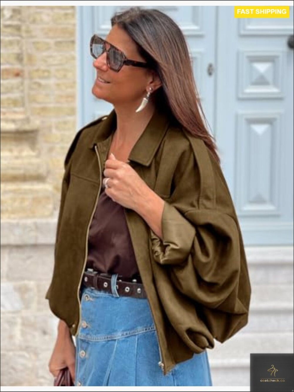 Oversized Faux Suede Bomber Jacket Cropped Batwing Long Sleeve Zip Up - Picture 3 of 7